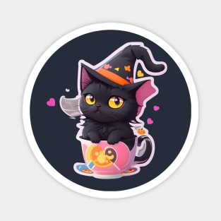 A Cute Black Cat With a Witch Hat Magnet